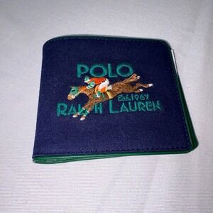 Polo Ralph Lauren BiFold Wallet Navy Canvas Green Leather Embroidered Polo Rider